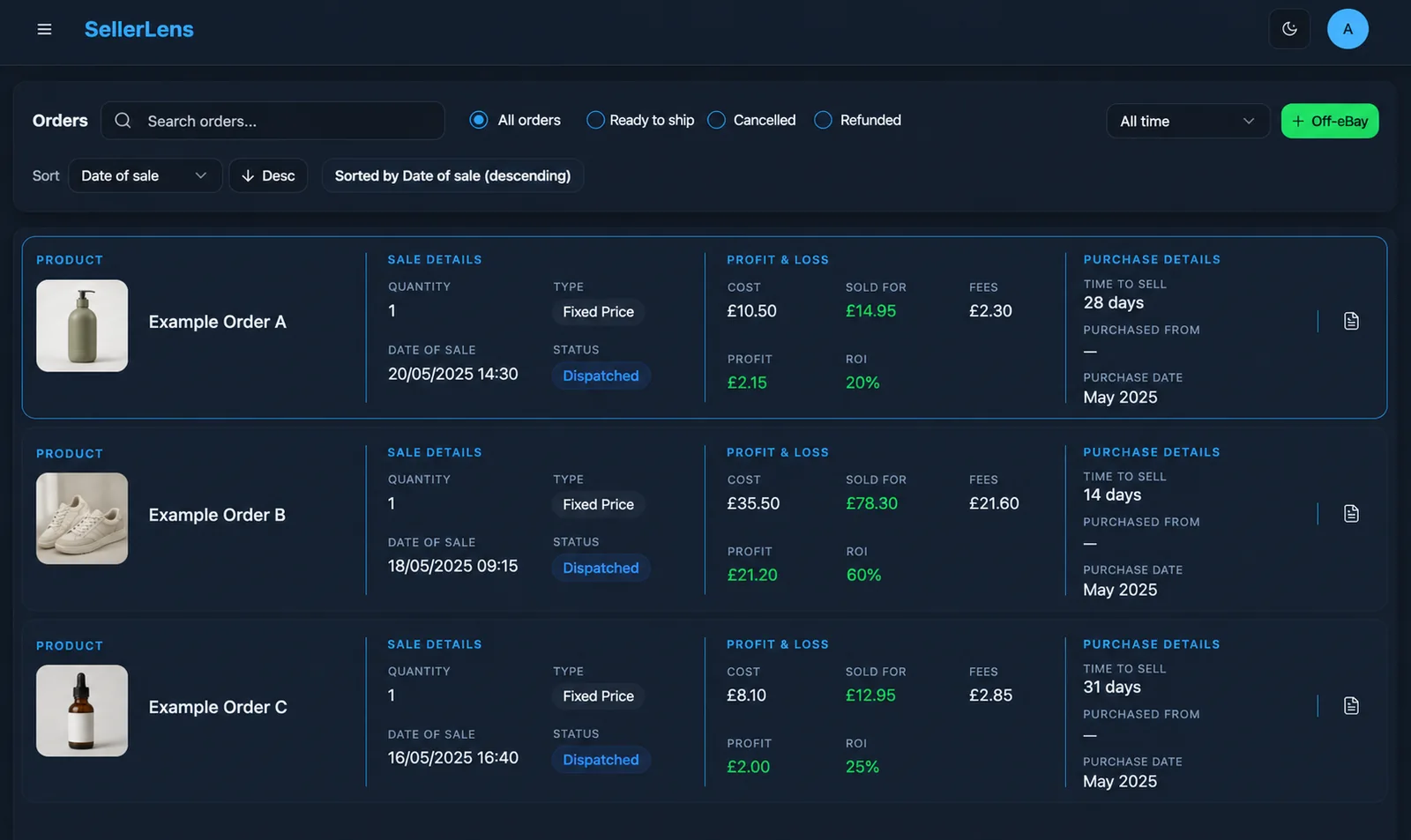 SellerLens orders screen showing sale price, fees, costs, profit and ROI.